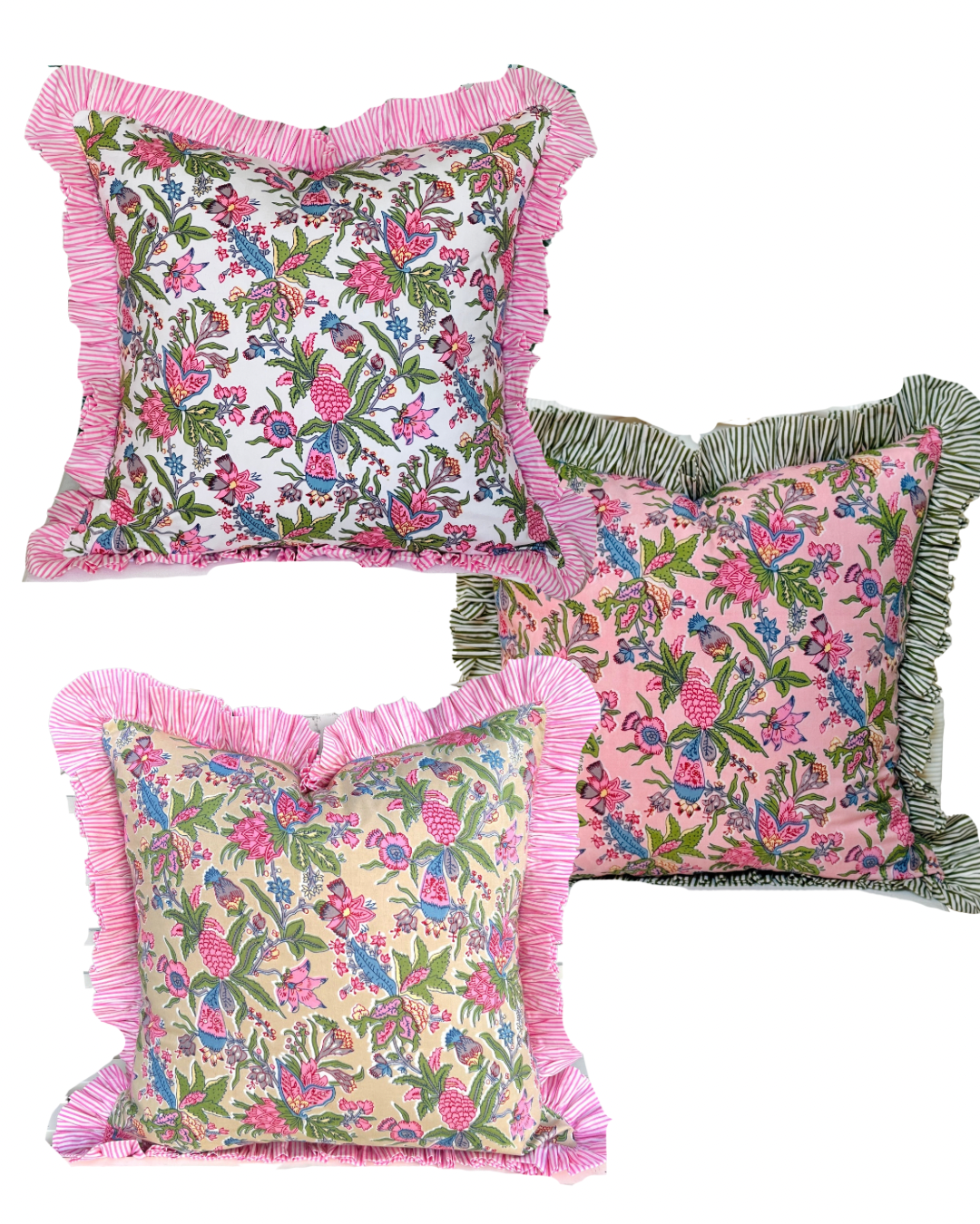 Gigi floral pillow cover with pink striped ruffle trim, 3 colors