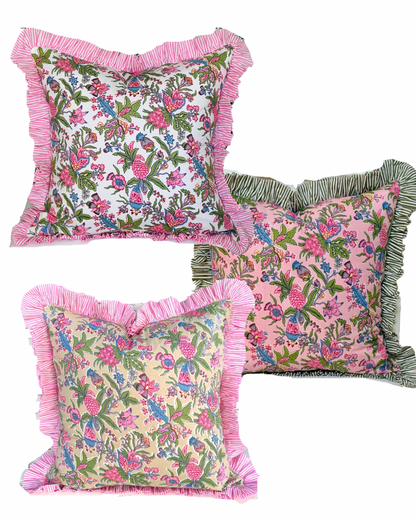 Gigi floral pillow cover with pink striped ruffle trim, 3 colors