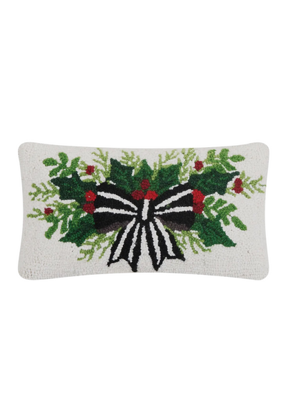 Striped bow and red berries hand hooked lumbar pillow