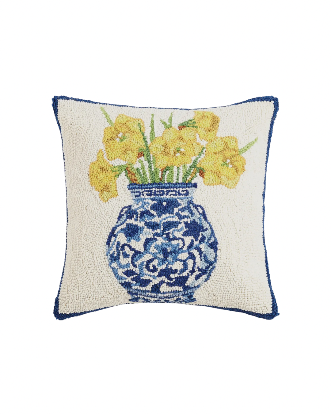 Hand hooked wool yellow daffodils and chinoiserie pillow