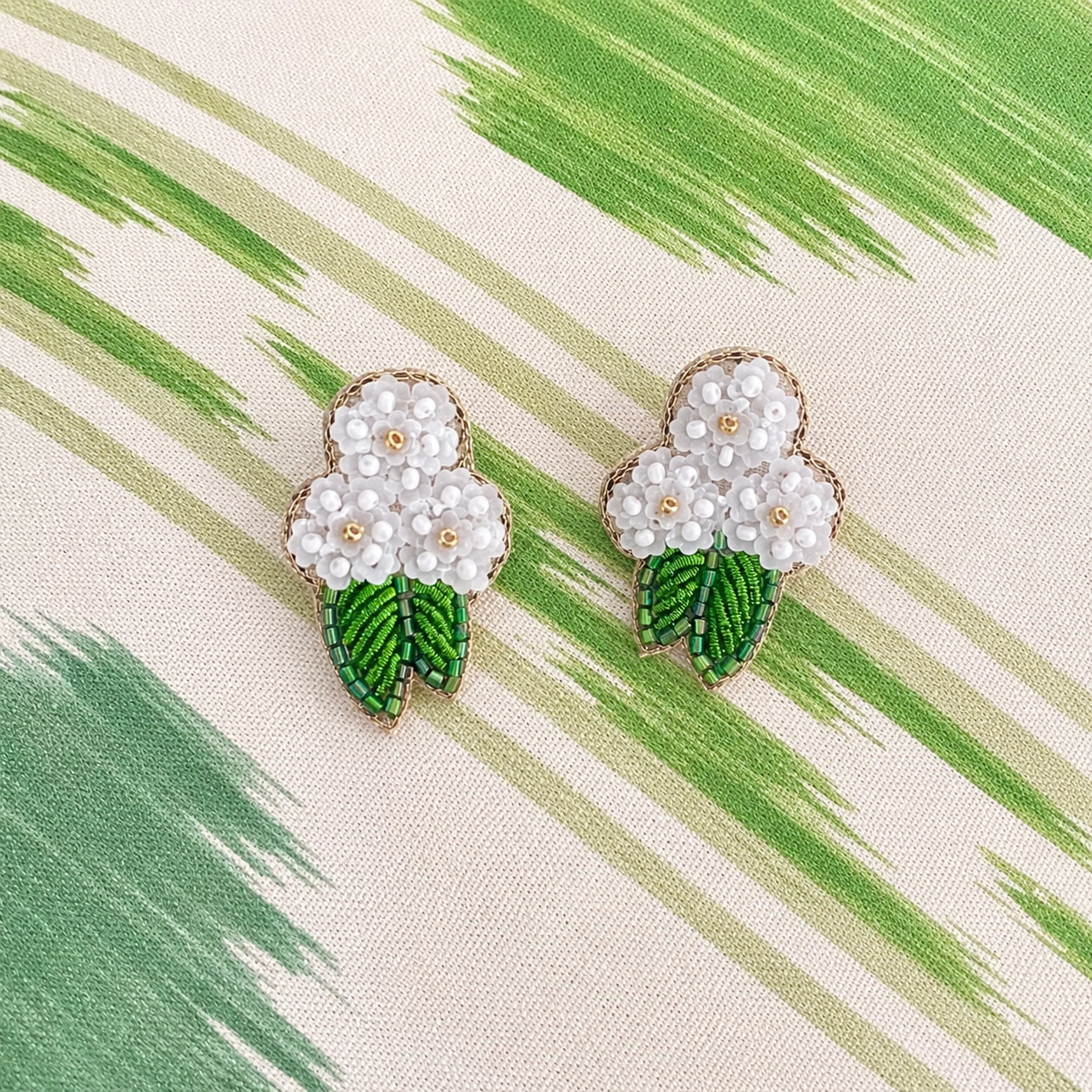 Beth Ladd hand beaded white hydrangea earrings