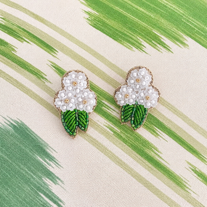 Beth Ladd hand beaded white hydrangea earrings