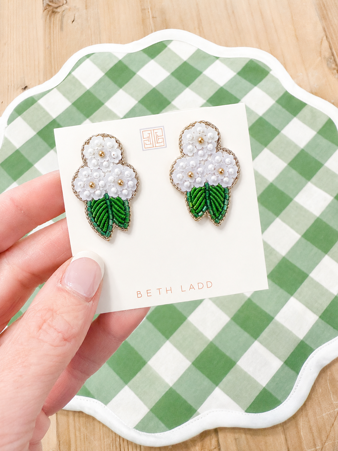 Beth Ladd hand beaded white hydrangea earrings