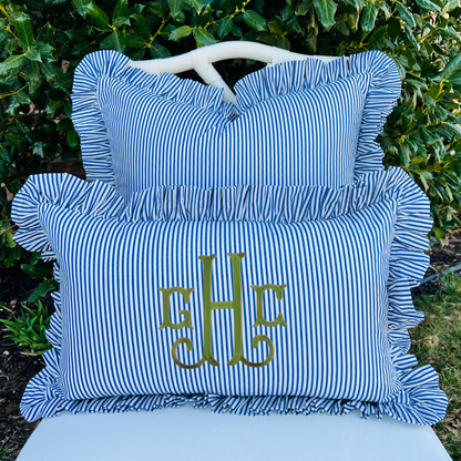 Blue striped ruffle pillow cover, two sizes