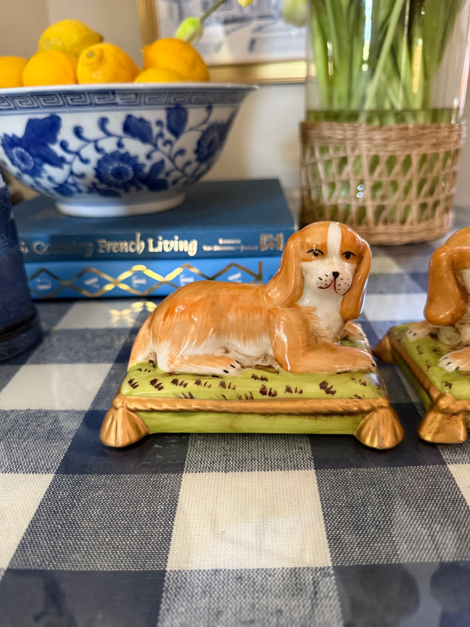 Spaniels on cushions porcelain Staffordshire dog pair