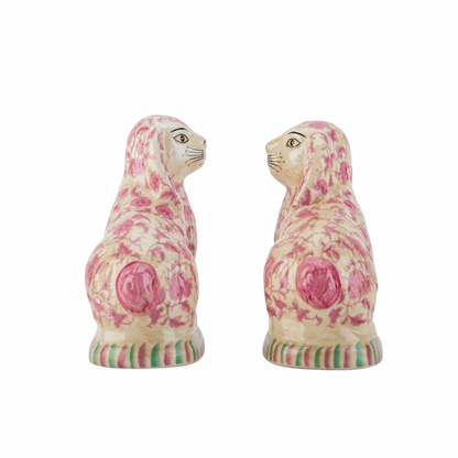 Pink floral Staffordshire bunny figurine pair