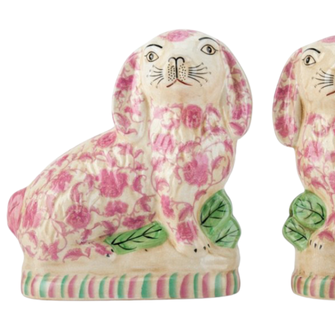 Pink floral Staffordshire bunny figurine pair