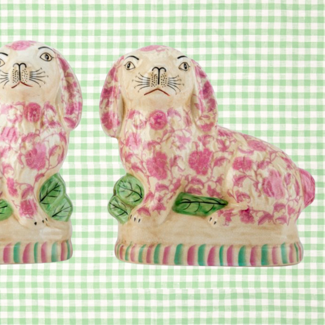 Pink floral Staffordshire bunny figurine pair