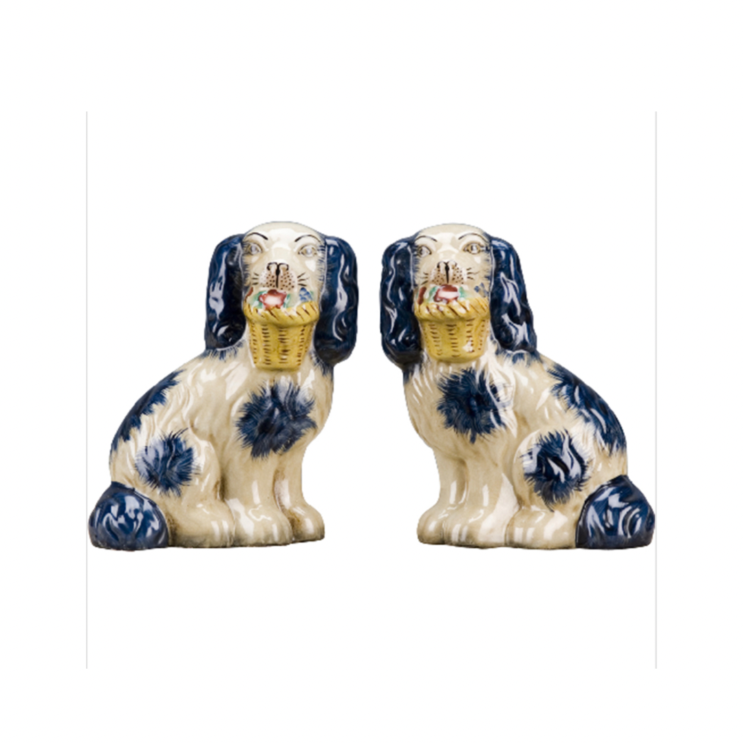 Staffordshire dog pair with flower baskets- blue