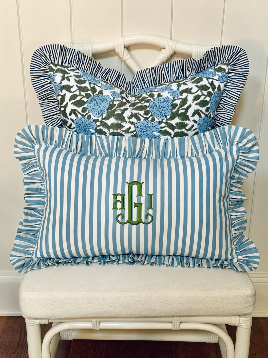 Hydrangea blue and white striped ruffle pillow cover