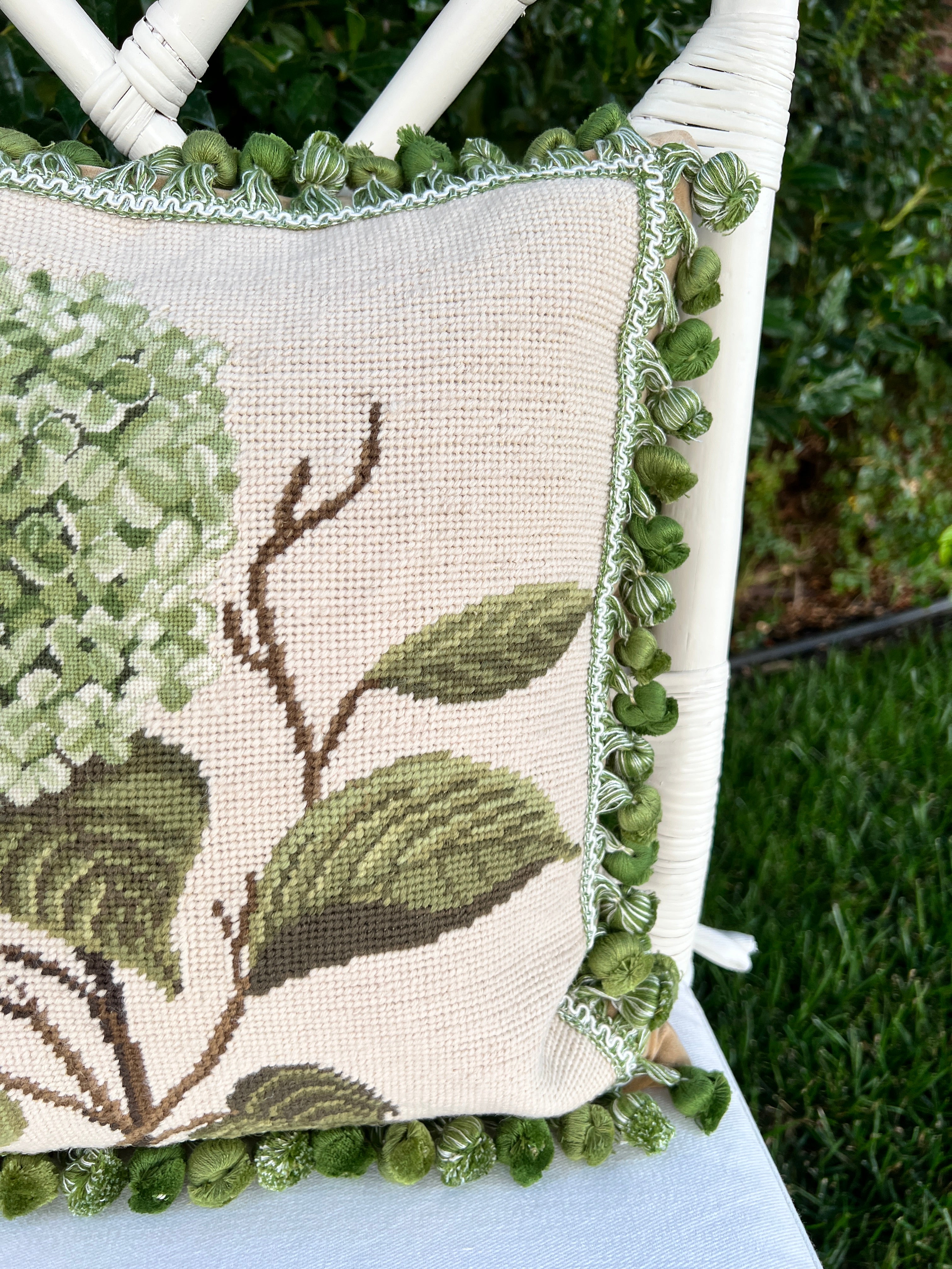 Green hydrangea needlepoint throw pillow