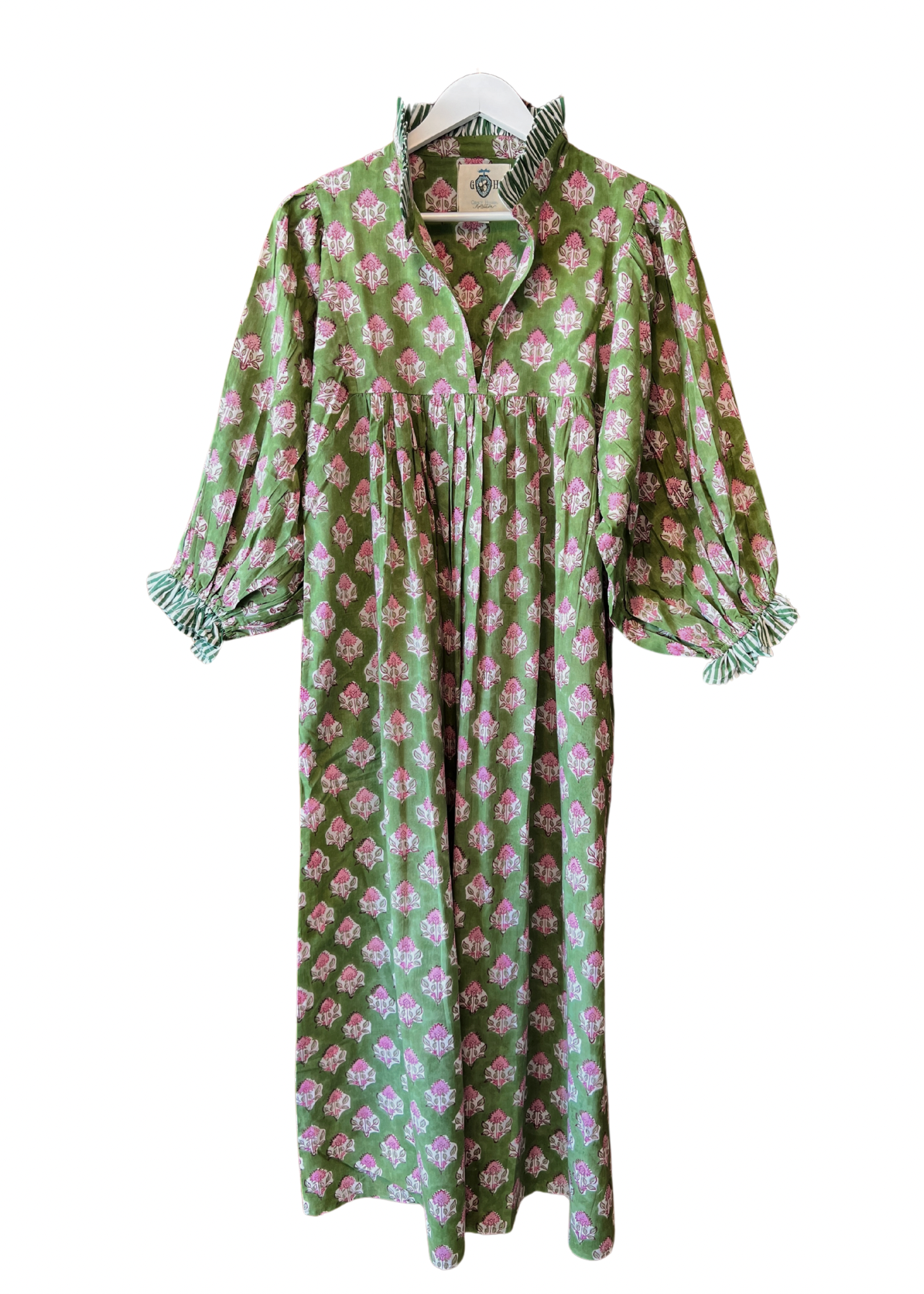 Lillie caftan maxi dress green block print Grace Harris Collection Lillie caftan maxi dress green block print Grace Harris Collection