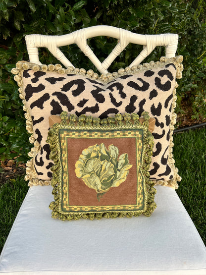 Beige and black leopard needlepoint throw pillow