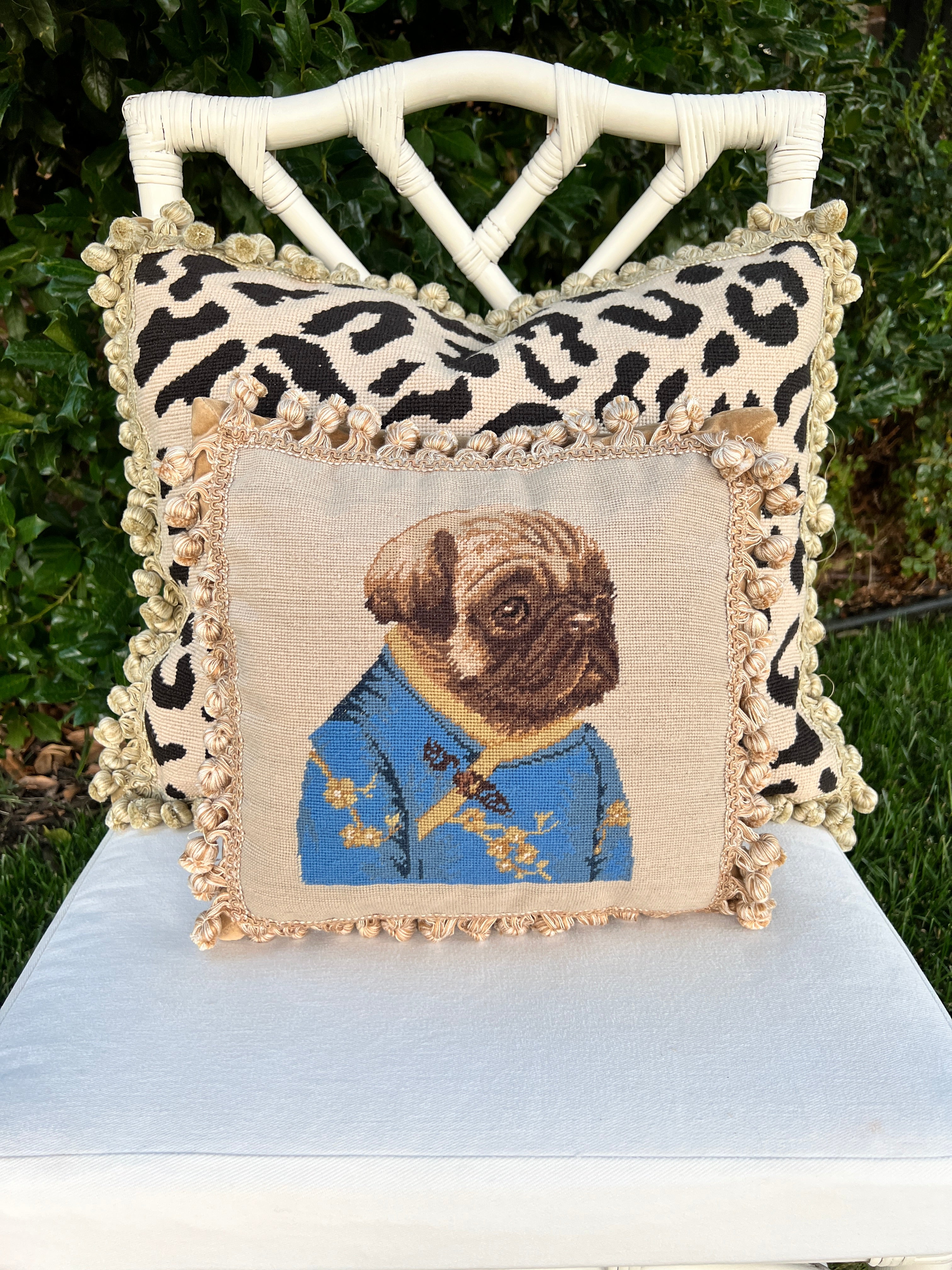 Needlepoint pug girl throw pillow Grace Harris Collection