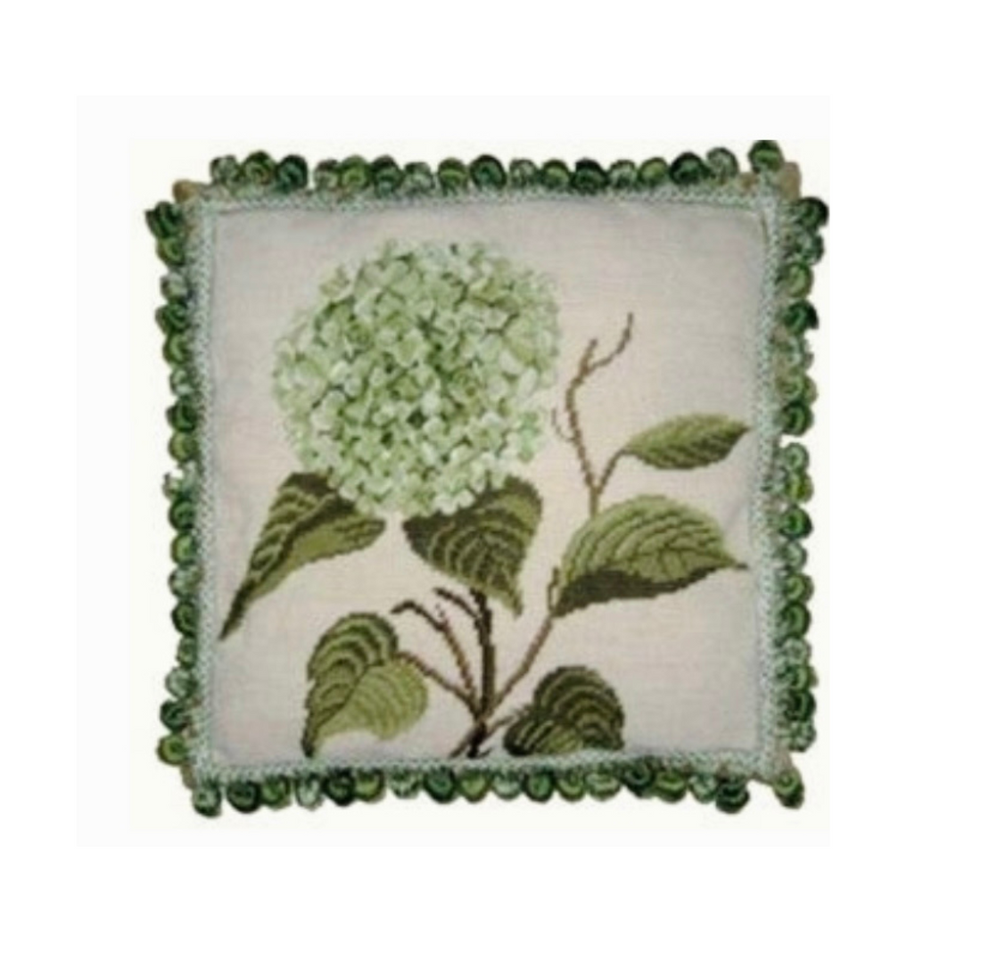 Green hydrangea needlepoint throw pillow