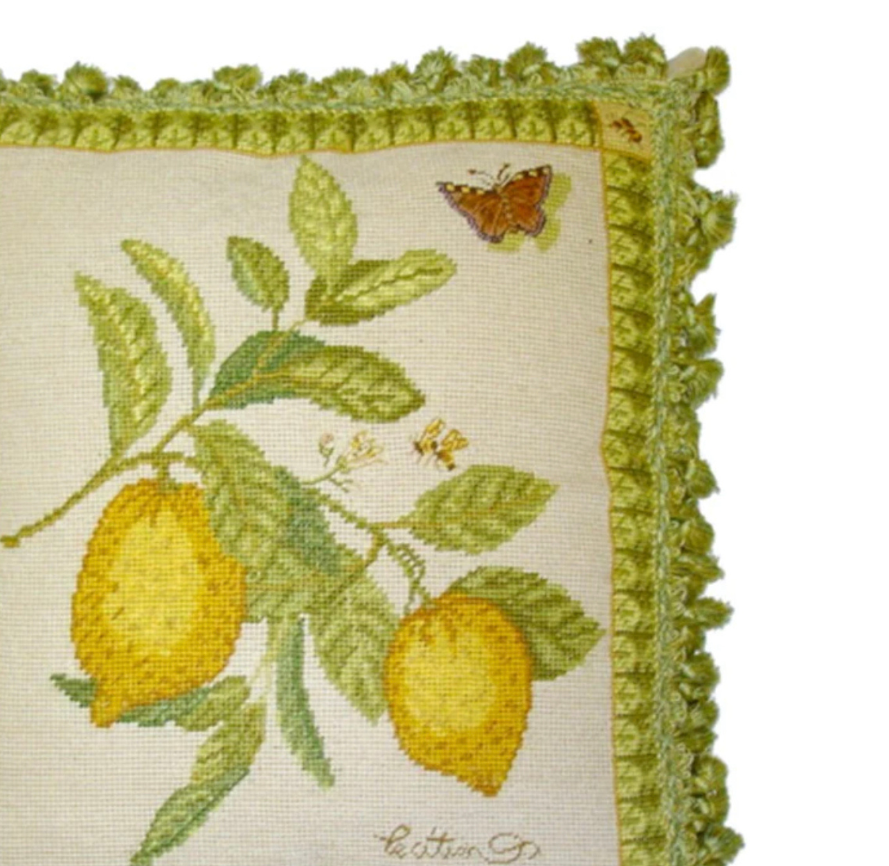 Lemon and butterfly needlepoint pillow