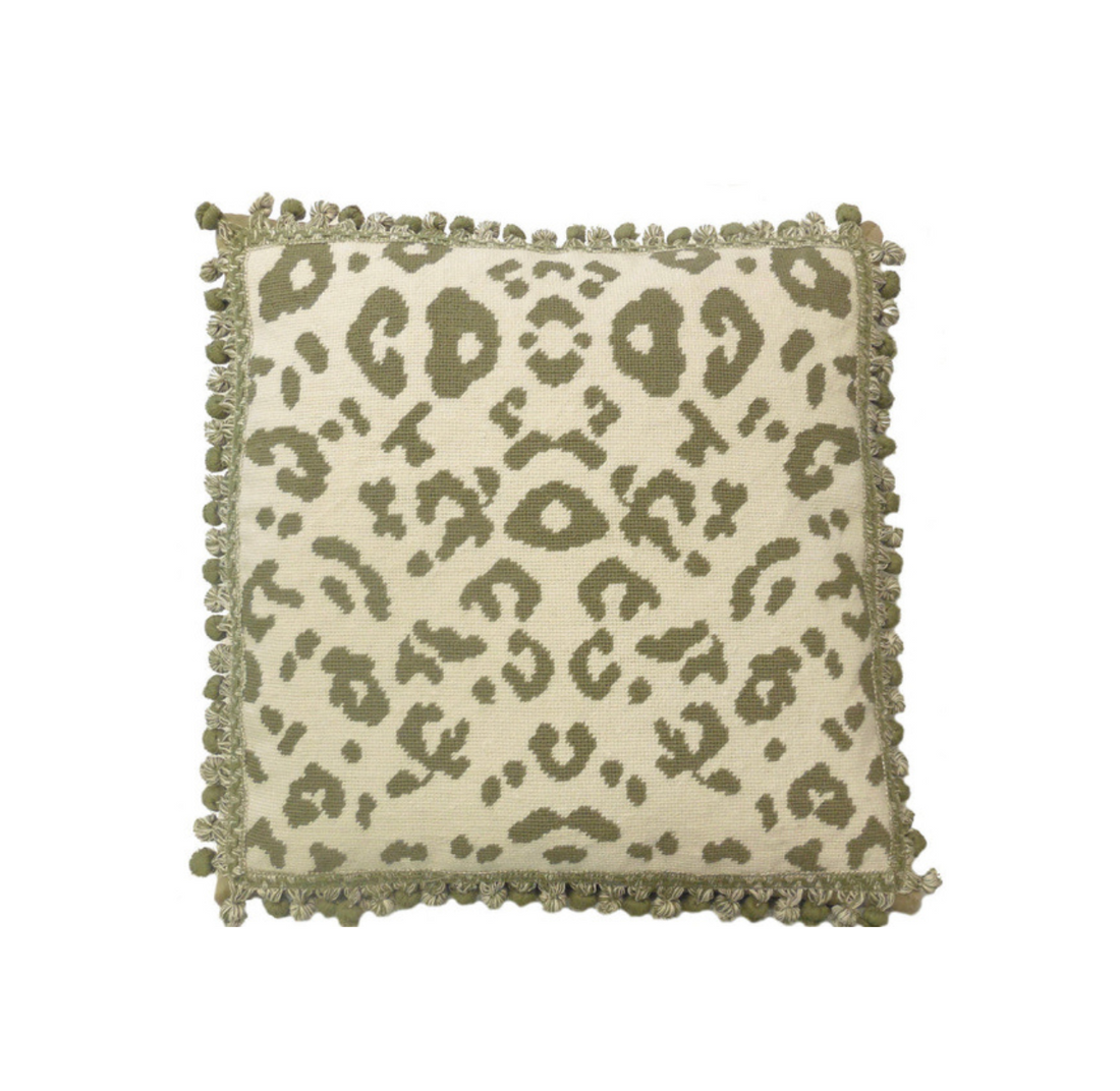 Green animal print needlepoint throw pillow