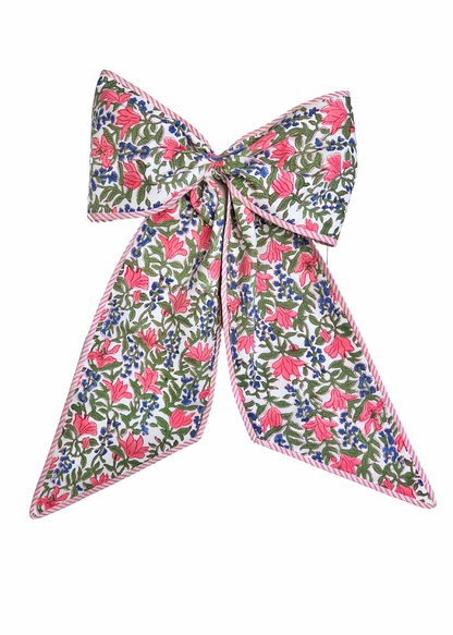 Spring floral wreath sash bow with pink striped piping, monogram available