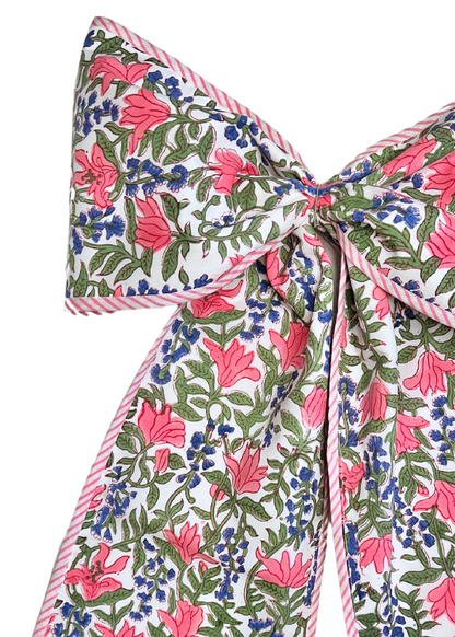 Spring floral wreath sash bow with pink striped piping, monogram available