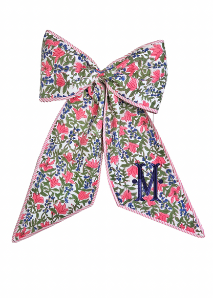 Spring floral wreath sash bow with pink striped piping, monogram available