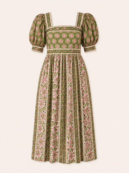 Lottie dress with sleeves in pink and green