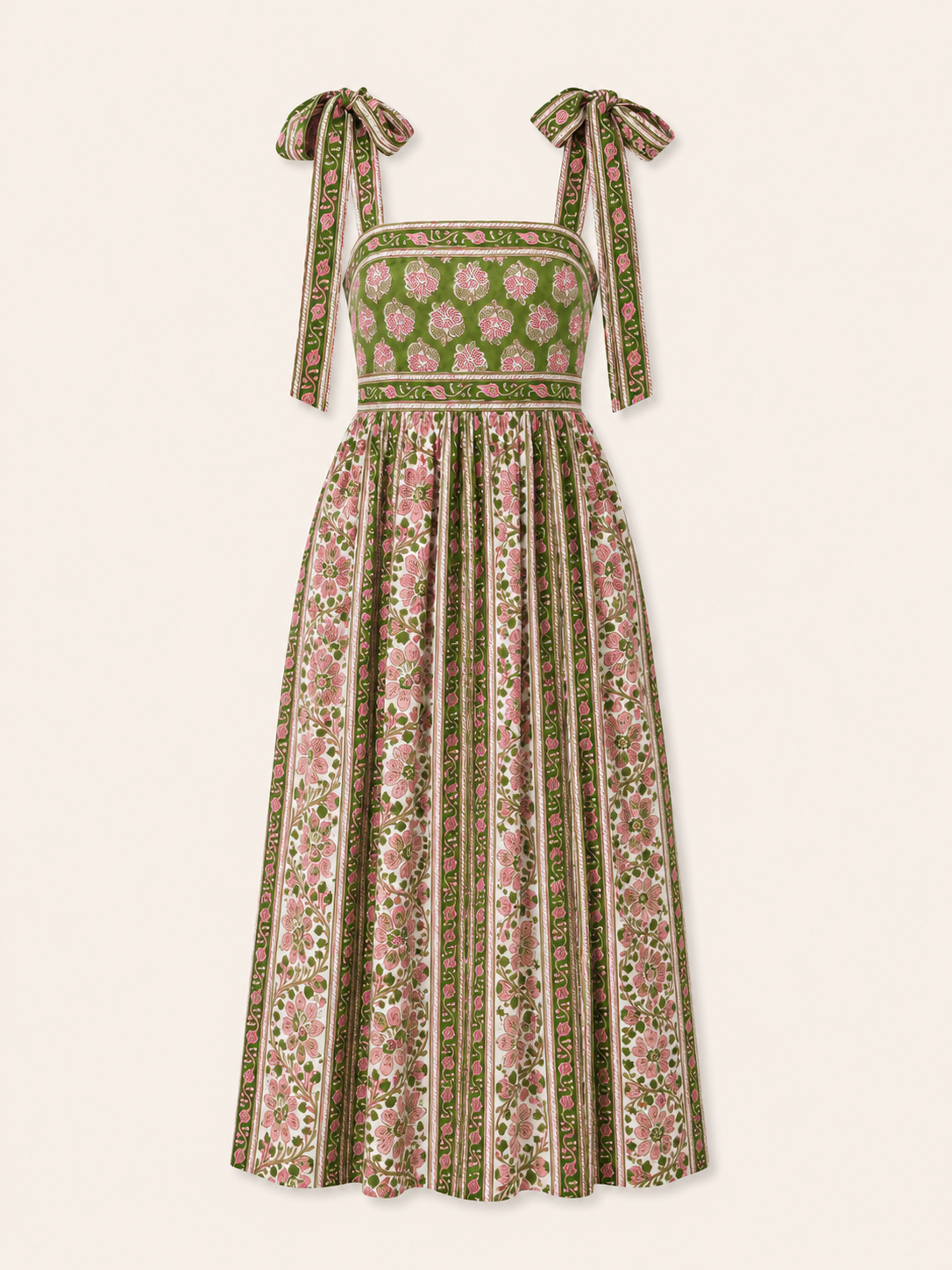Lottie dress with tie shoulders in pink and green