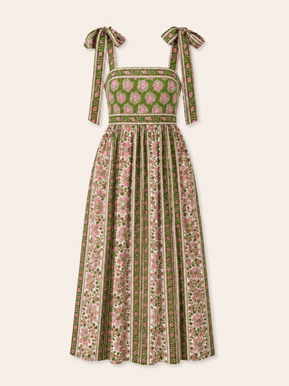 Lottie dress with tie shoulders in pink and green