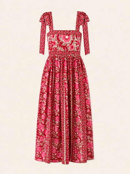 Lottie dress with tie shoulders in red and pink