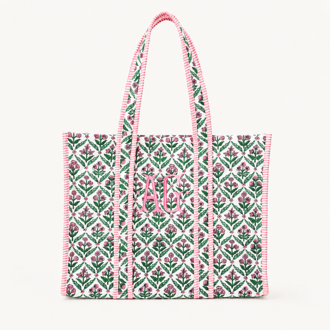 Pink and green quilted block print oversized tote bag monogram available
