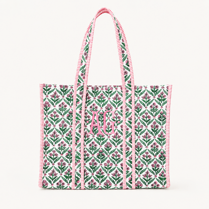 Pink and green quilted block print tote bag monogram available