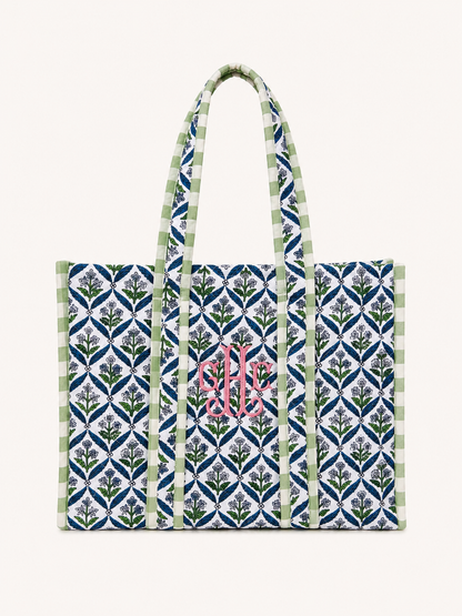 Blue and green quilted block print oversized tote bag monogram available