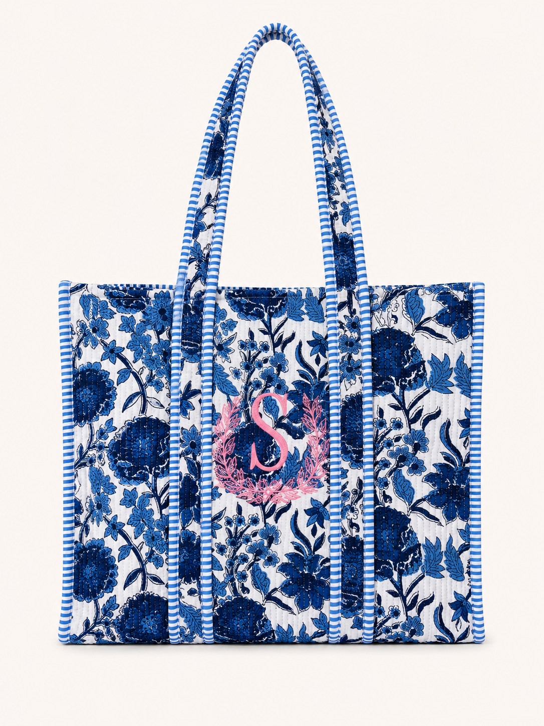 Blue and white quilted block print tote bag monogram available