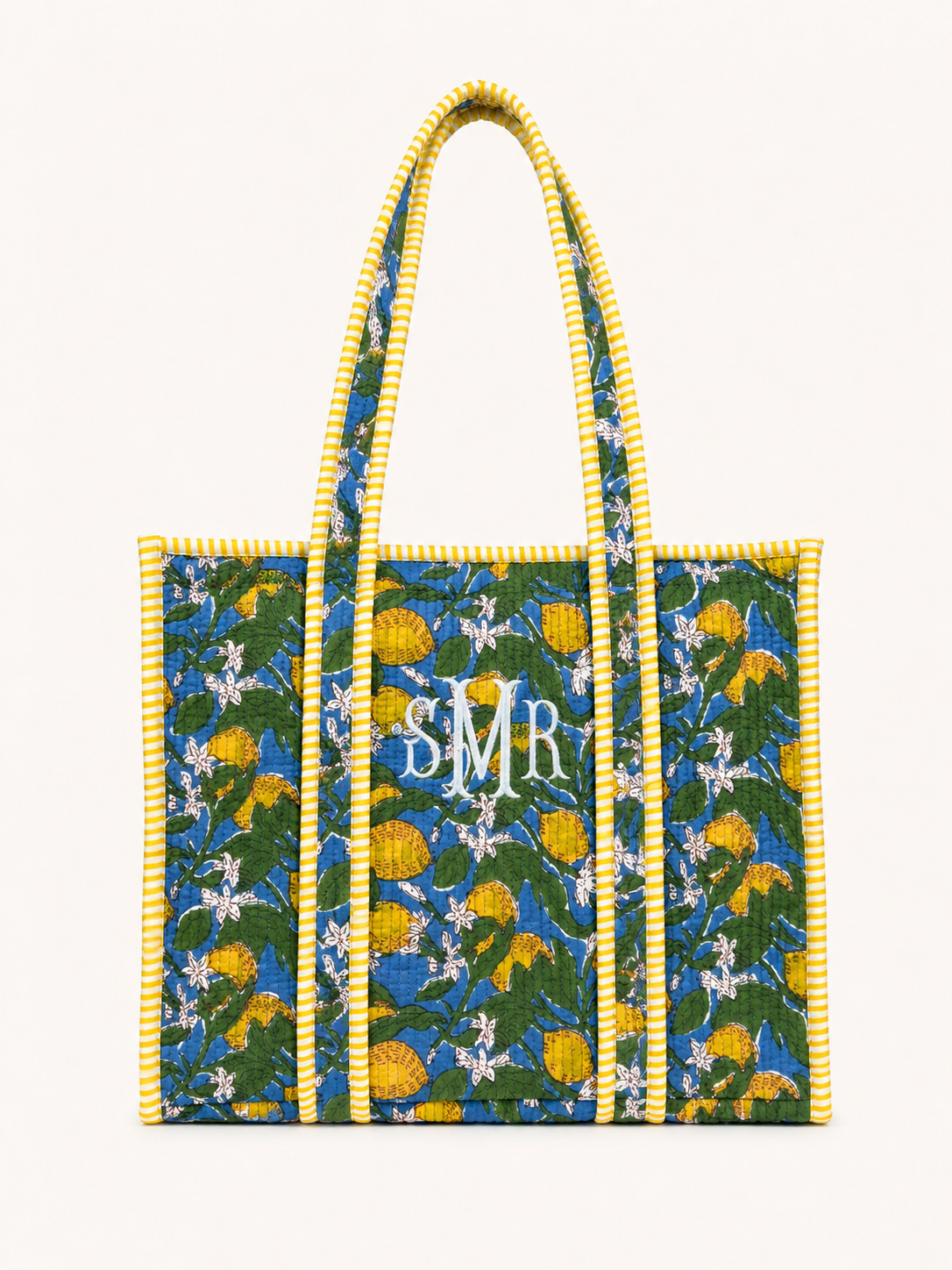 Lemon blossom blue and yellow quilted block print tote bag monogram available
