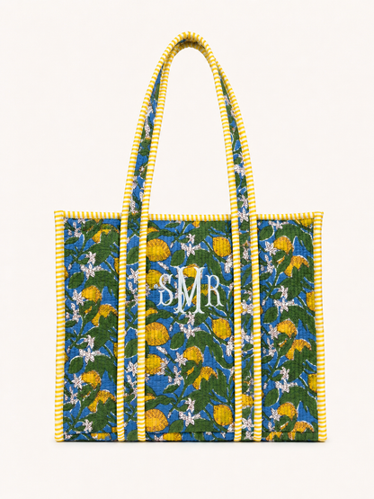 Lemon blossom blue and yellow quilted block print tote bag monogram available