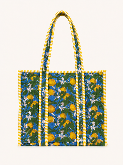 Lemon blossom blue and yellow quilted block print tote bag monogram available