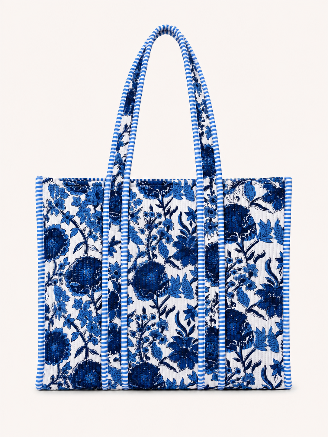 Blue and white quilted block print tote bag monogram available