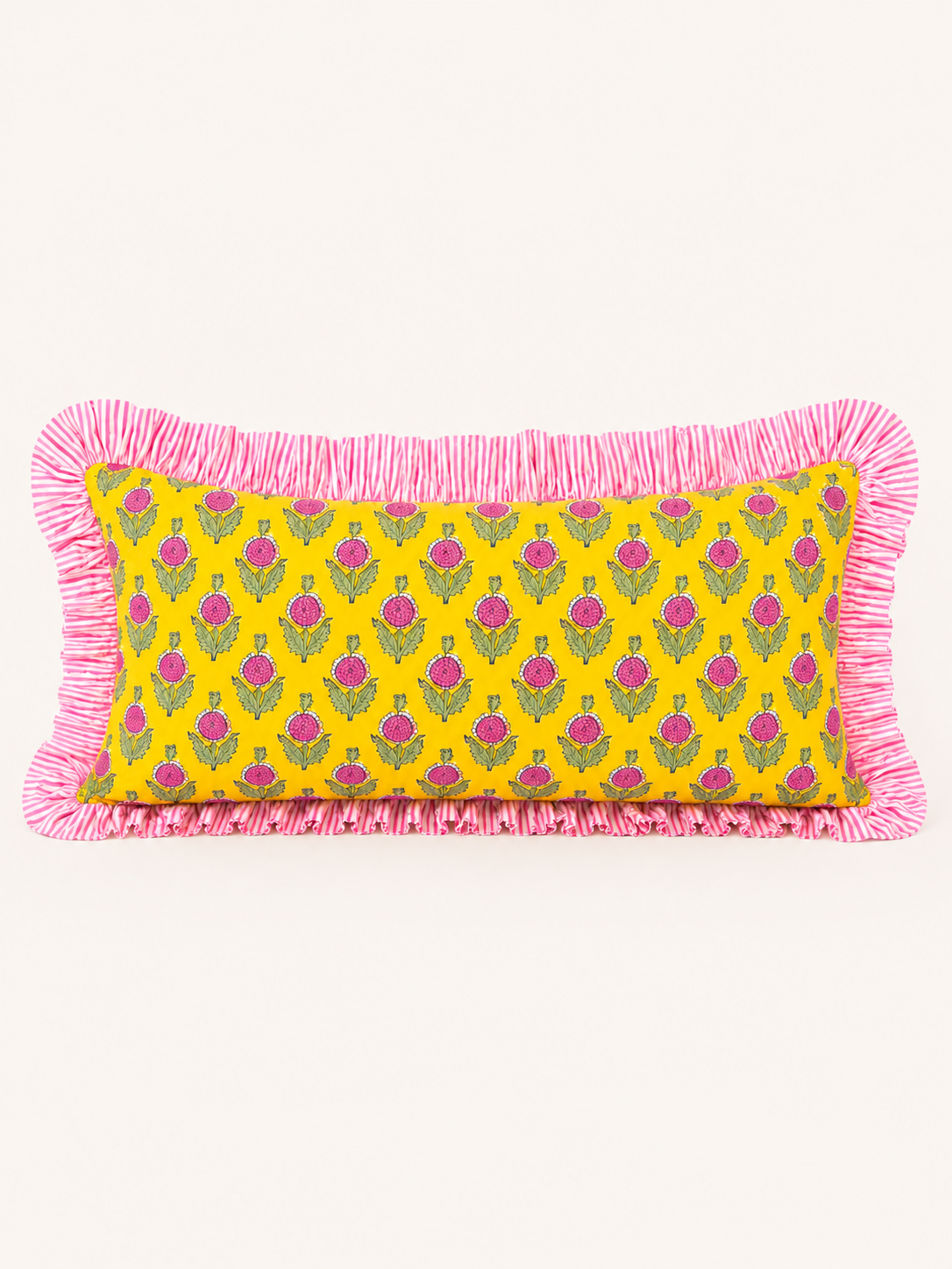 Yellow and pink block print floral pillow cover with pink striped ruffle, monogram available