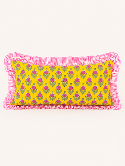 Yellow and pink block print floral pillow cover with pink striped ruffle, monogram available