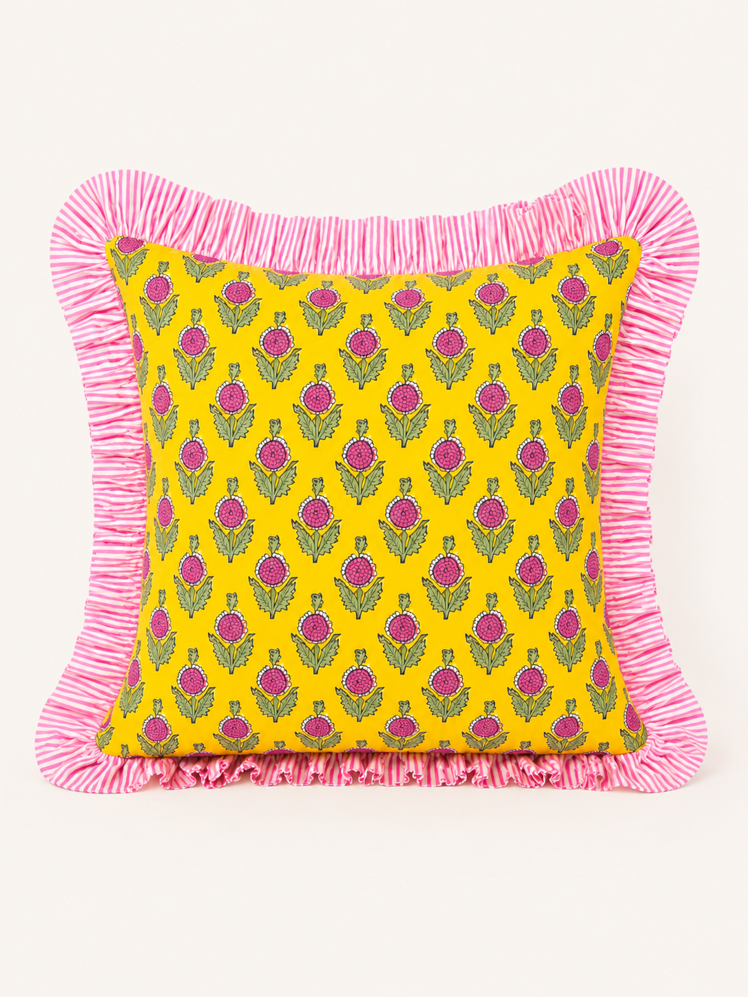 Yellow and pink block print floral pillow cover with pink striped ruffle, monogram available