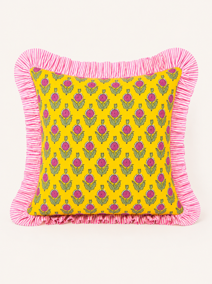 Yellow and pink block print floral pillow cover with pink striped ruffle, monogram available