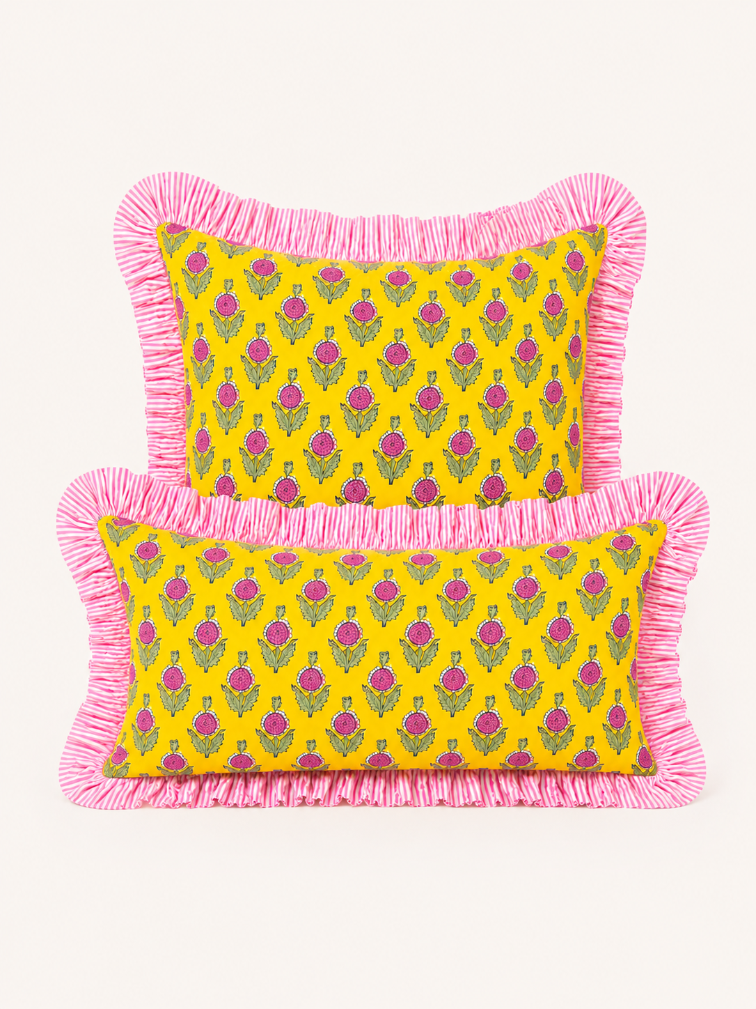 Yellow and pink block print floral pillow cover with pink striped ruffle, monogram available