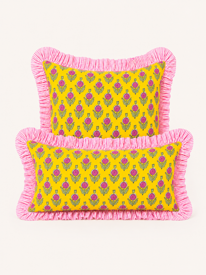 Yellow and pink block print floral pillow cover with pink striped ruffle, monogram available