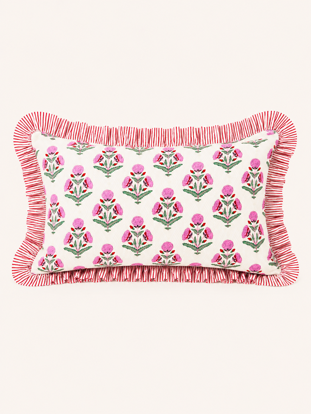 Pink and red marigold floral block print ruffle pillow