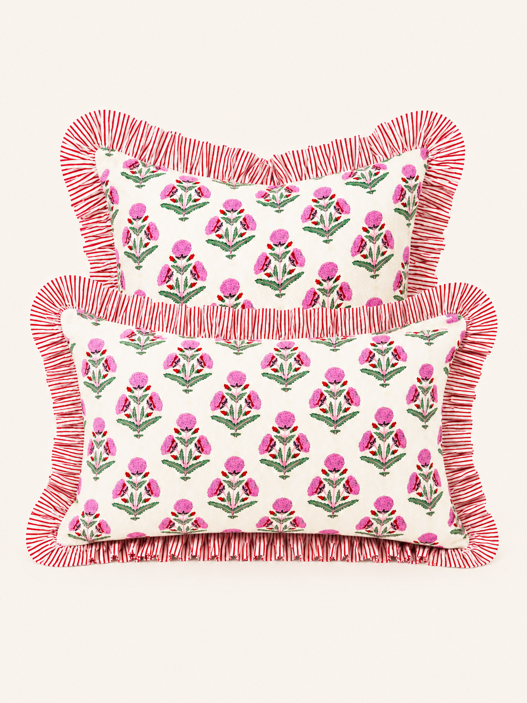 Pink and red marigold floral block print ruffle pillow