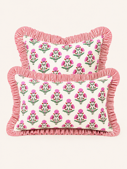 Pink and red marigold floral block print ruffle pillow