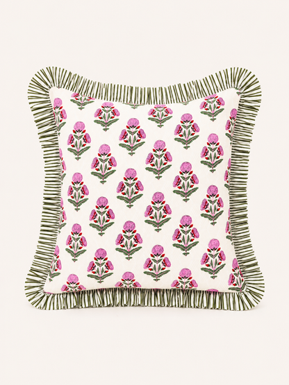 Pink and red marigold pillow cover with green striped ruffle