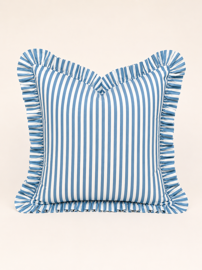 Hydrangea blue and white striped ruffle pillow cover