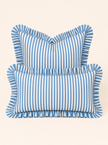 Hydrangea blue and white striped ruffle pillow cover