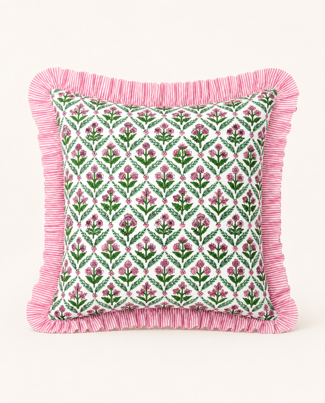 Pink and green floral trellis block print ruffle pillow cover with pink striped trim and back