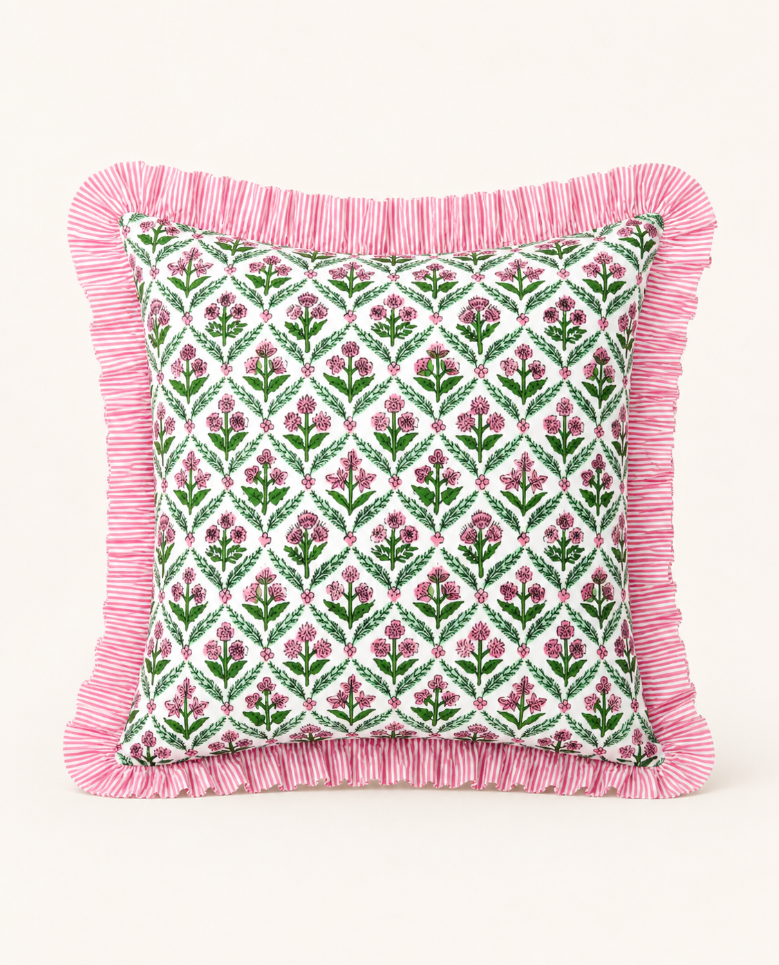 Pink and green floral trellis block print bedding collection